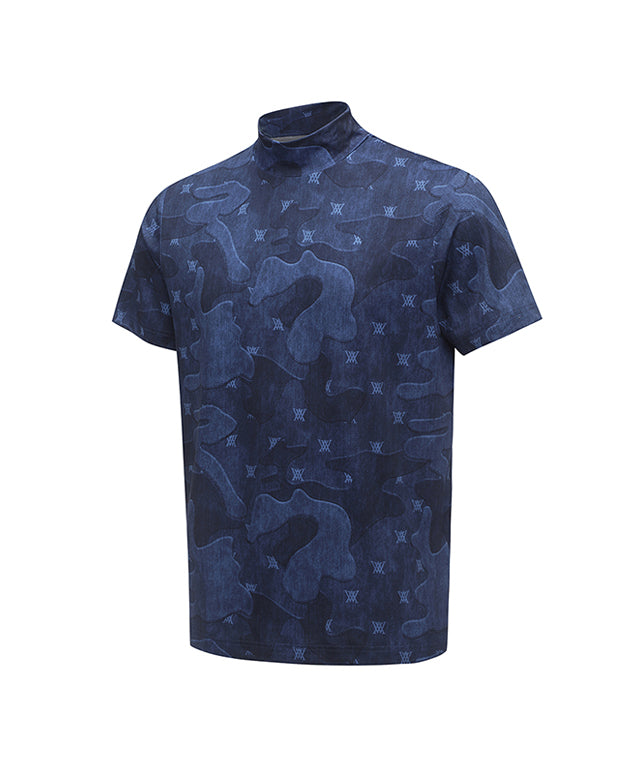 ANEW Golf Men Camo Cool High Neck Short T-Shirt in Navy featuring a camouflage pattern and high-neck design.